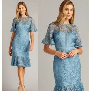 NWT TADASHI SHOJI COCKTAIL SHORT MESH SHEER EMBROIDERED BLUE RUFFLE DRESS 14